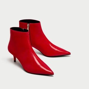 Zara red faux leather kitten heel booties